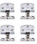 Heavy Duty Adjustable Glass Door Hinges For Bathroom Cabinets And Display Shelving With No Sweat Quick Snap Install And Slick Smooth Pivot Action Featuring Solid All Metal Build, shown in chrome finish.