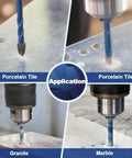 Diamond drill bit set with blue hex-shank bits, 5-piece, for porcelain tile, granite and marble.