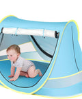 Baby inside blue Pop Up Baby Beach Tent For Toddlers And Infants, Portable Sun Shade For Beach And Camping, Easy Two Way Access, Lightweight Travel Tent