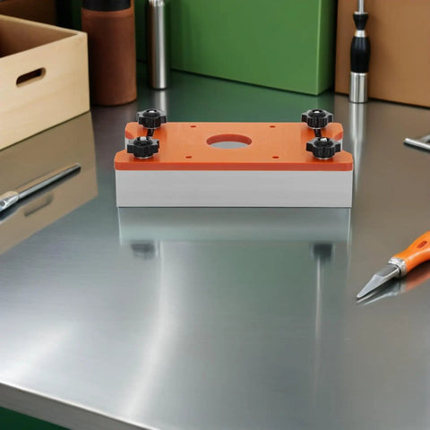 Tough Aluminum Router Table Insert Plate Dead Center Alignment Tight Grip Locks No Sweat Mounting For The Woodshop Crew, orange and white design.