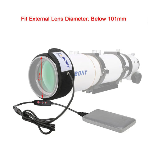 Close-up of 320mm Dew Heater Strip for Telescopes and Camera Lenses with temperature regulator and USB cable.