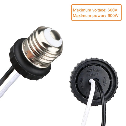 Close-up of Six Pack E26 Light Socket Adapter Pigtail For LED Ceiling Downlights, screw-in metal socket with wires, 660W/600V details