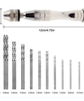 Rock Solid Aluminum Hand Pin Vise Kit Hella Tough 0.8mm To 3.0mm Micro Twist Drill Bits with detailed sizes.