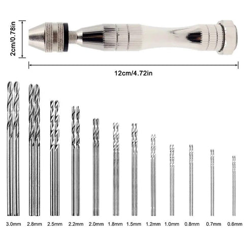 Rock Solid Aluminum Hand Pin Vise Kit Hella Tough 0.8mm To 3.0mm Micro Twist Drill Bits with detailed sizes.