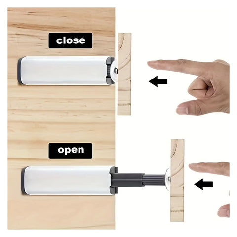 Magnetic Push Latch Locks With Soft Close Feature For Cabinets Doors Kitchen And Wardrobe 10 Pack Easy Install Durable Magnetic Catch Hardware For Quick Setup No Drilling Tools Required shown in open and close position