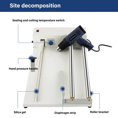 2 In 1 Shrink Wrap Machine With Heat Gun 45 Cm Manual Heat Sealer showing sealing switch, hand pressure handle, and heat gun.