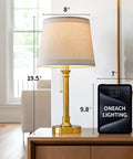 Modern Gold Brass Table Lamp Set Of 2 For Bedroom And Living Room With White Drum Shade 19.5 Inch Tall on wooden desk