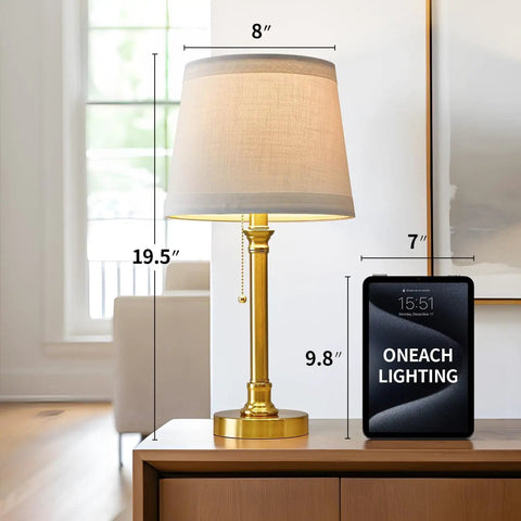 Modern Gold Brass Table Lamp Set Of 2 For Bedroom And Living Room With White Drum Shade 19.5 Inch Tall on wooden desk