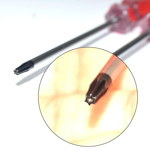 Close-up view of T9 Torx bits from Kick Butt T9 Torx Security Screwdriver Two Pack Set, showcasing magnetic tip design.