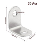 Heavy Duty Stainless Steel L Brackets Corner Braces 1 Inch Angle Connectors With Screws 20 Pack close-up of metal bracket with dimensions.