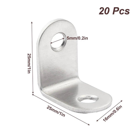 Heavy Duty Stainless Steel L Brackets Corner Braces 1 Inch Angle Connectors With Screws 20 Pack close-up of metal bracket with dimensions.