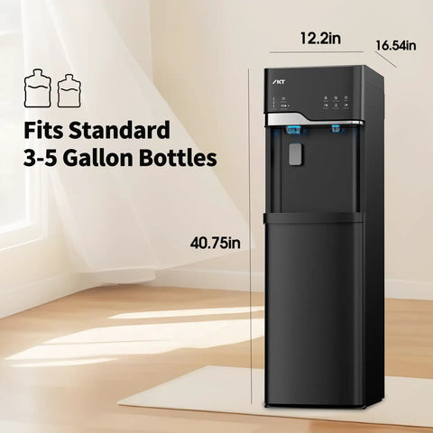 Black hot and cold water dispenser with built in ice maker bottom loading 5 gallon system in room setting.