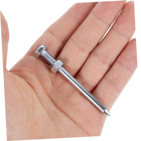 Hand holding spike from Heavy Duty Metal Aerator Shoes With Spikes For Deep Soil Penetration Pro Grade 12 Pack Lawn Spiker Shoes