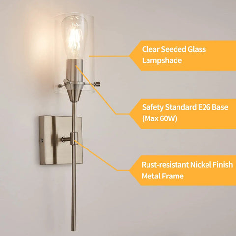 Brushed Nickel Wall Sconces Set Of 2 Sleek Modern Industrial Vanity Lights With Clear Glass Shades For Bathroom Farmhouse Style Wall Lighting Fixtures For Bath Vanity Two Pack Bulb Not Included, showing a single sconce with clear glass lampshade and nickel frame.