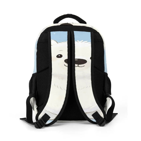Back view of Waving Polar Cub Printed Unisex Backpack With Large Capacity Durable Polyester Daypack, showing polar cub design on straps.