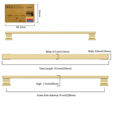 Dimensions of 10 Pack Brushed Brass Cabinet Pulls With 9 Inch Hole Centers For Kitchen Cabinets Cupboards And Drawers Easy Install Heavy Duty Durable Zinc Alloy Construction With A Slick Timeless Finish ZH00013