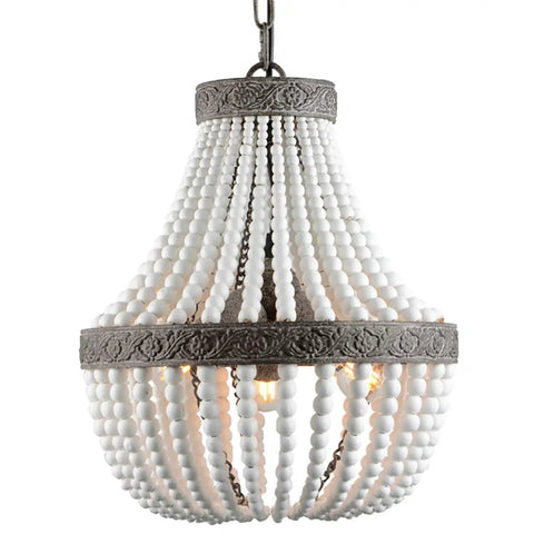 Three Light Boho Wood Beaded Chandelier With White Finish Pendant Light For Bedroom Kitchen Island And Girl Room Rustic Bohemian Style With Adjustable Rope Chain Easy To Install, showcasing white beads and ornate detailing.