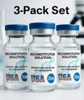 Front view of three 25 ml glass vials with blue caps labeled Reconstitution Solution
