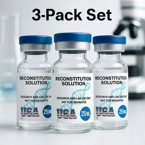 Front view of three 25 ml glass vials with blue caps labeled Reconstitution Solution