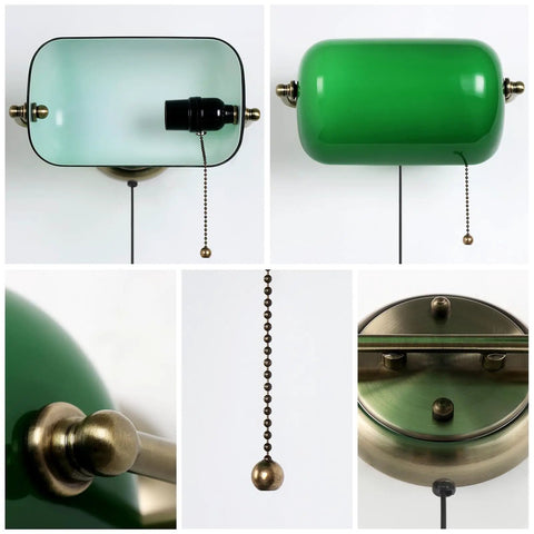 Vintage Style Wall Sconces Set Of 2 With Pull Chain Switch Brushed Brass Adjustable Lampshades UL Listed For Living Room Bedroom Hallway Rustic Home Decor showing green glass shades and brass details