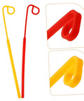 Red and yellow plastic hooks for sealing bags, showing angled loop design and vibrant colors.