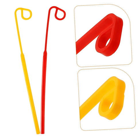 Red and yellow plastic hooks for sealing bags, showing angled loop design and vibrant colors.
