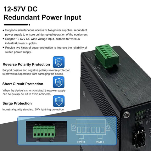 Industrial 8 Port Gigabit Ethernet Switch With DIN Rail Or Wall Mount Unmanaged 10 100 1000 Mbps RJ45 Ports Built To Last, focusing on redundant power input, surge protection, reverse polarity safeguards, industrial-grade design.