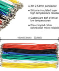 Pre-crimped 22AWG colored wires for 2.54mm JST connector kit, shown labeled, featuring silicone insulation and reliable connections.
