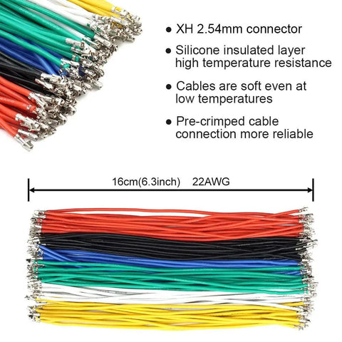 Pre-crimped 22AWG colored wires for 2.54mm JST connector kit, shown labeled, featuring silicone insulation and reliable connections.