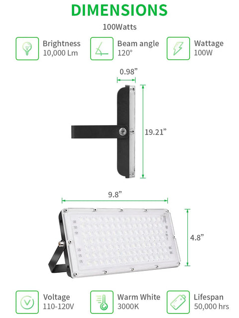 Side view dimensions of 100W flood light with mounting bracket, technical specs for Beast Mode 400W LED Flood Light With 40000 Lumens 6000K Daylight White Outdoor IP65 Waterproof Floodlight For Garage Porch Garden And Warehouse Security Work Lighting.