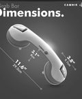 Two Pack Suction Shower Grab Bars For Bathtubs And Showers dimensions displayed on gray background