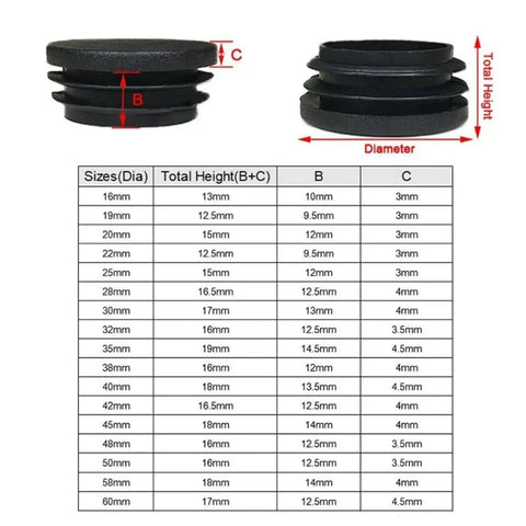 Size chart and dimensions of Adjustable Tube End Cap for Round Pipes 10 to 60mm Tough as Nails Heavy Duty Table Leg Dust Cover Protector Pads