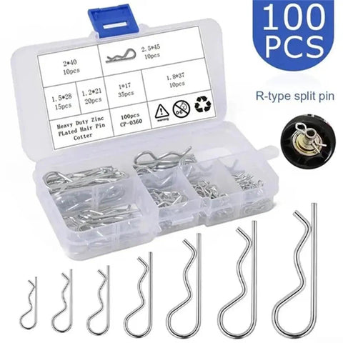 R Type Cotter Pin Kit With 100 Pcs Galvanized Carbon Steel Wave Locking Pins in storage case, 6 sizes shown, ideal for repair use.