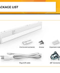 Package contents of 22 Inch Under Cabinet Lighting You Can Hardwire Or Plug In Five Color Temperatures From 2700K To 5000K 13W 920 Lumens Dimmable High CRI 90 Plus Linkable ETL And Energy Star Certified including connectors, cable, and screws