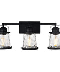 Black 3 Light Industrial Vanity Sconces With Hammered Glass Shades displaying cozy warm glow