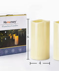 Weatherproof Outdoor Flameless LED Pillar Candles 4x8 Inches With Remote And Timer, Dark Ivory, set next to packaging.