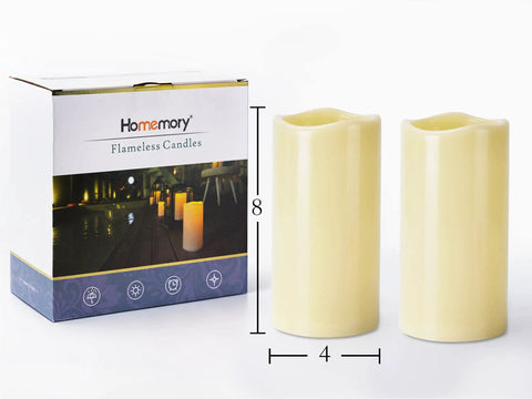Weatherproof Outdoor Flameless LED Pillar Candles 4x8 Inches With Remote And Timer, Dark Ivory, set next to packaging.
