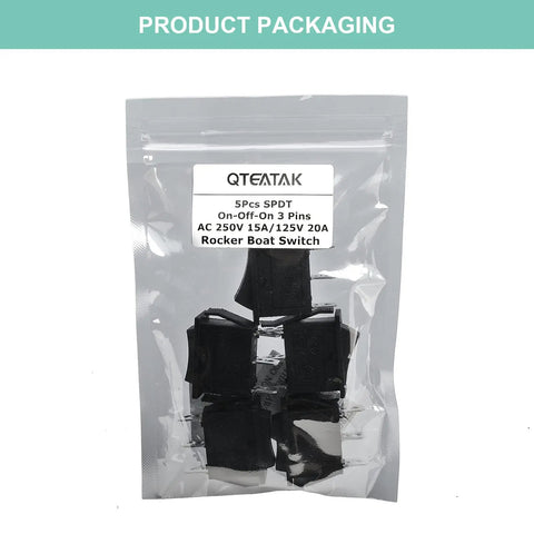 Packaging of 5 Pack SPDT 3 Pins 3 Position ON OFF ON Toggle Rocker Switches For Car Boat And Marine Use No Hassle Install Easy Wire