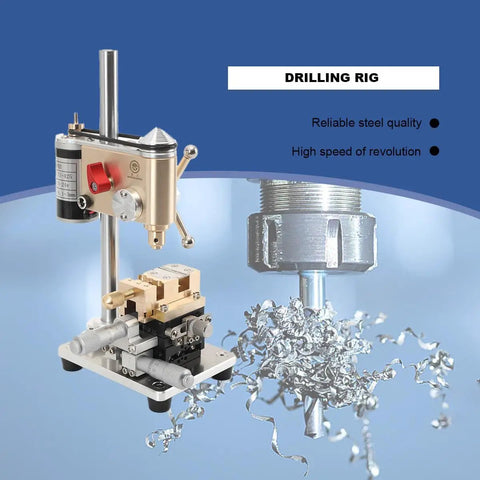 Essential Mini Benchtop Drill Press For Precision Watch Repair Work with adjustable features and metal shavings in use.