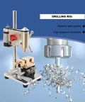 Mini Benchtop Drill Press With Precision Variable Speed Control For Watch Repair And Removing Broken Screws Featuring 4500 RPM Adjustment, showing it's precision design and metal shavings.