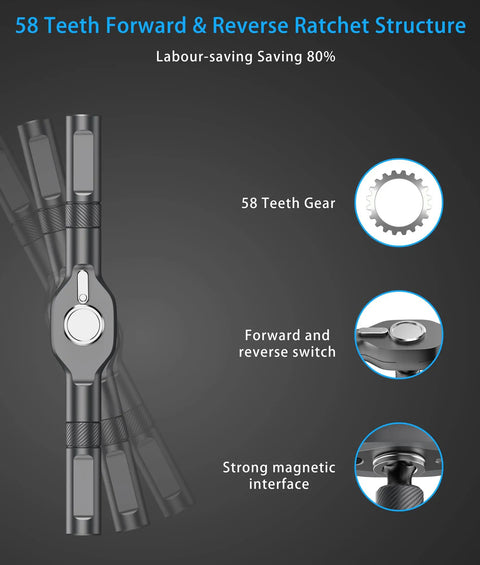 All In One 24 In 1 Magnetic Ratchet Screwdriver Set with 58 teeth gear, forward and reverse switch, and magnetic interface