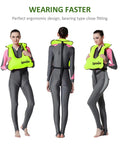 Three views of Inflatable Snorkel Vest For Adults With High Buoyancy Up To 220 Lbs Quick Inflate Free Diving Snorkeling Jacket in bright green.