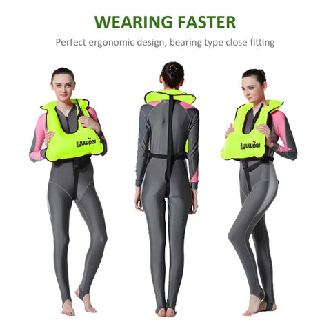 Three views of Inflatable Snorkel Vest For Adults With High Buoyancy Up To 220 Lbs Quick Inflate Free Diving Snorkeling Jacket in bright green.