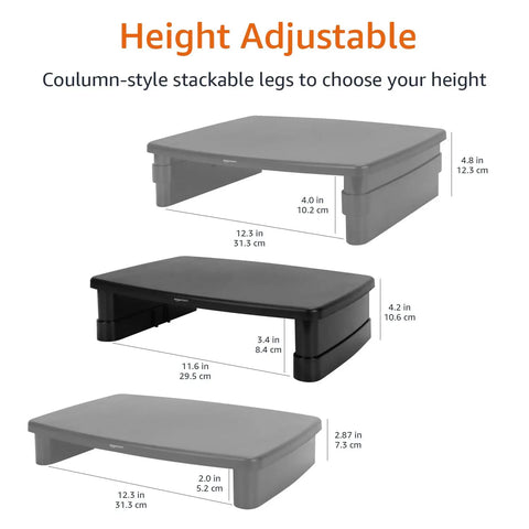 Height Adjustable Monitor Stand Riser With Storage Organizer For Ergonomic Slick Desk Setup Supports Monitors And Laptops Up To 22 Lbs Space Saving Black Finish showing stackable legs with height options