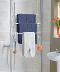 Adjustable Over The Door Towel Rack With Hooks For Bathroom Telescoping Crossbar Adjusts From 12.9 To 23.5 Inches Triple Bar Hanging Organizer Easy Access Towel Holder Space Saving White Finish with towels hanging in a bathroom setting.