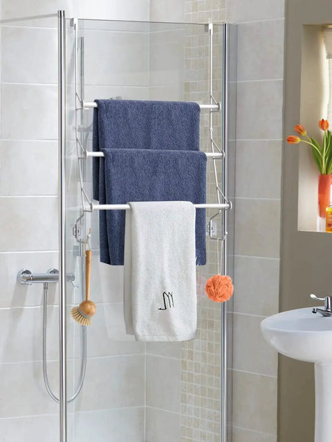Adjustable Over The Door Towel Rack With Hooks For Bathroom Telescoping Crossbar Adjusts From 12.9 To 23.5 Inches Triple Bar Hanging Organizer Easy Access Towel Holder Space Saving White Finish with towels hanging in a bathroom setting.