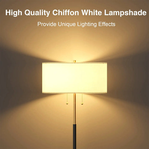Two Light Floor Lamp With White Fabric Shade, illuminated, showing modern home lighting with adjustable 3 color temperatures