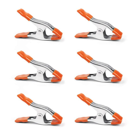 PONY 6-inch heavy-duty spring clamps, nickel-plated steel with orange rubber handles, 2 in jaw, 6-pack