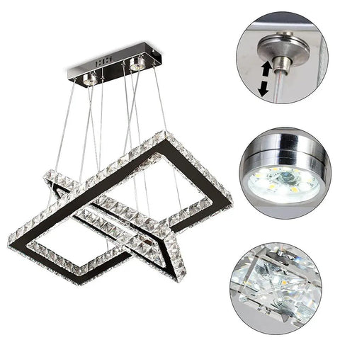 Two Ring Crystal Chandelier LED Ceiling Light In Stainless Steel with adjustable rings and LED details