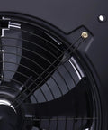 Close-up of Explosion Proof 16 Inch Industrial Ventilation Fan for Spray Booths and Workshops, black blades and grill